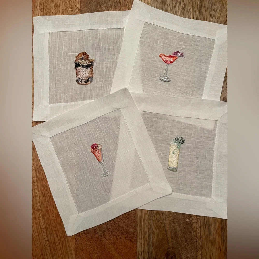 Beverly Hills Linen Embroidered Cocktail Napkin Set